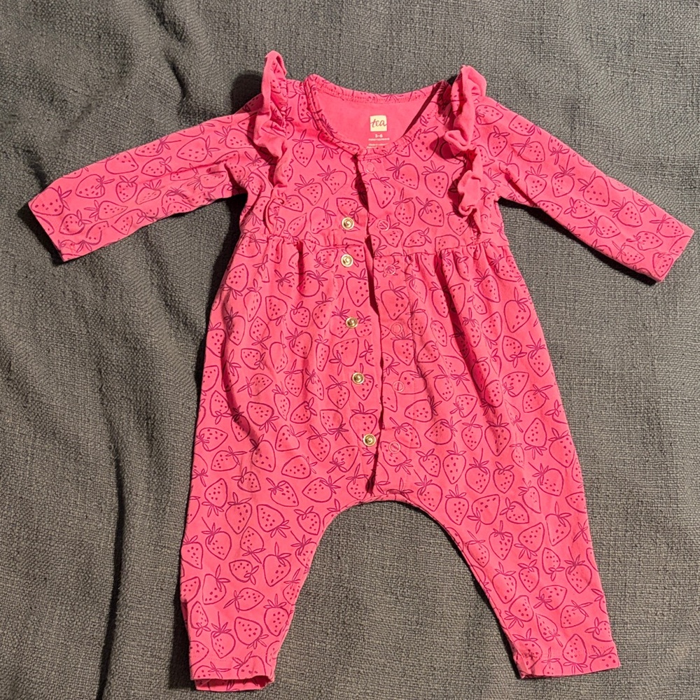 Tea Collection Pink Strawberry Print Ruffle Baby Romper